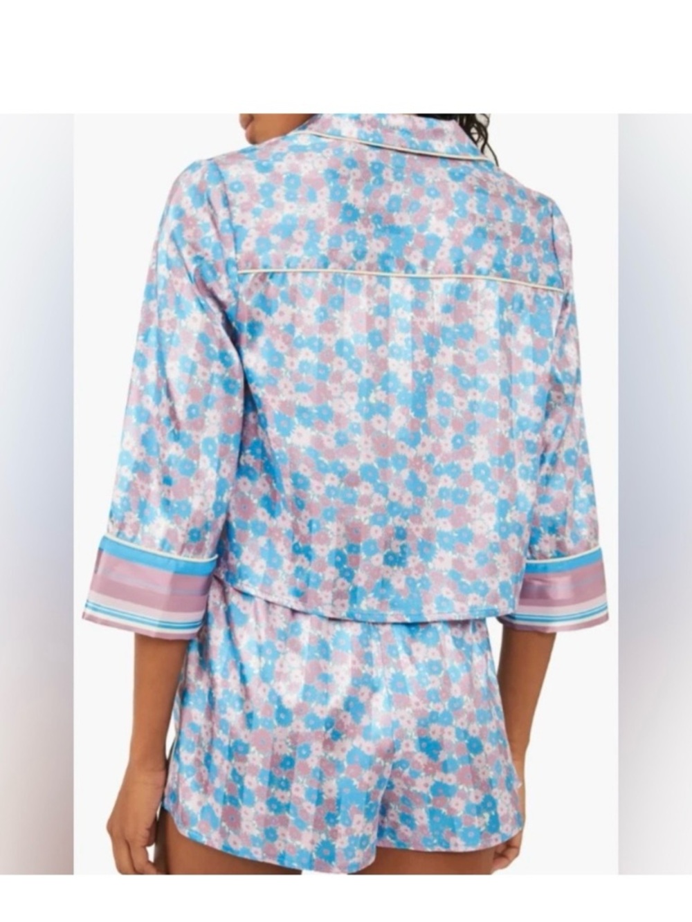 EUC Free people pillow talk Floral Blue & Pink Satin Sleep Shirt and Shorts Set - Picture 3 of 8